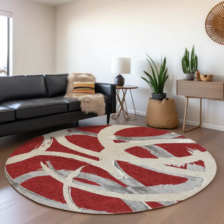 8' Red Beige And Gray Round Abstract Washable Indoor Outdoor Area Rug