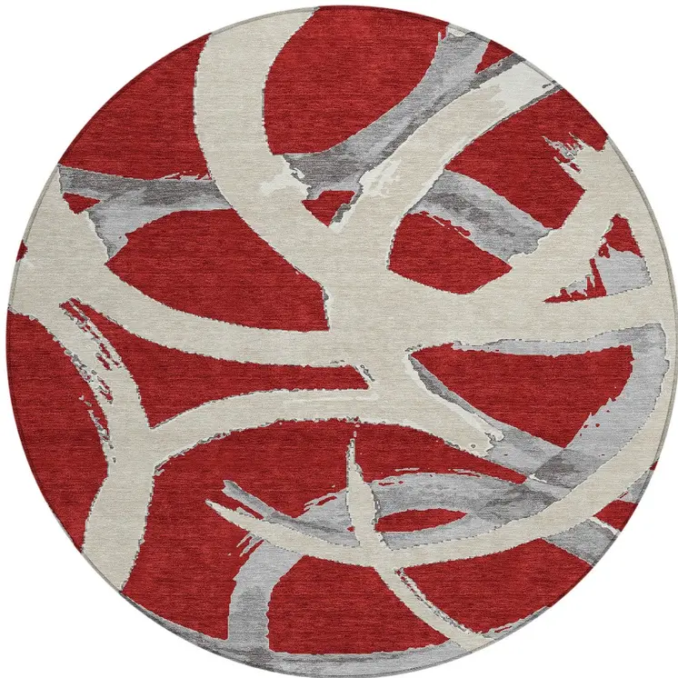 8' Red Beige And Gray Round Abstract Washable Indoor Outdoor Area Rug