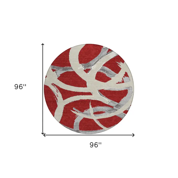 8' Red Beige And Gray Round Abstract Washable Indoor Outdoor Area Rug