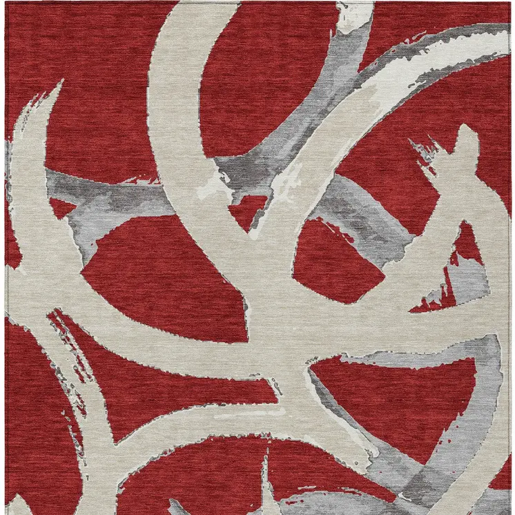 10' X 14' Red Beige And Gray Abstract Washable Indoor Outdoor Area Rug