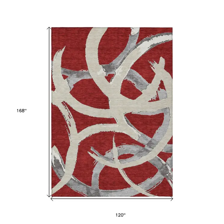 10' X 14' Red Beige And Gray Abstract Washable Indoor Outdoor Area Rug