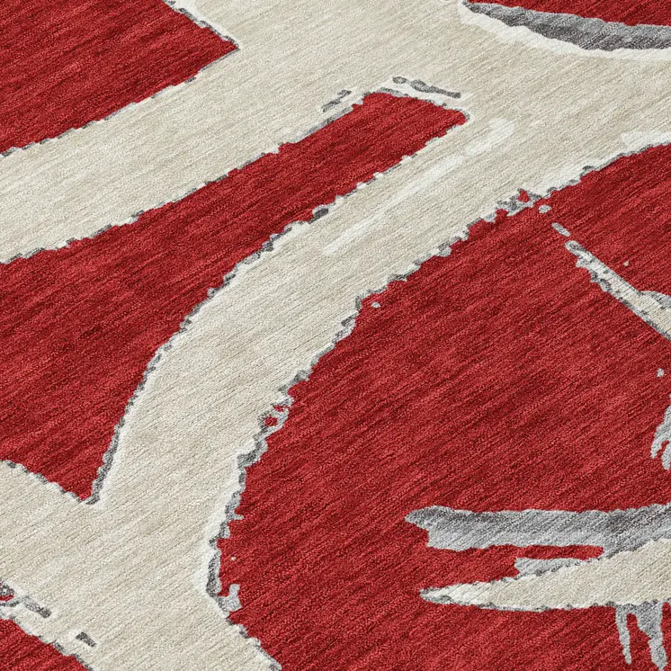 10' X 14' Red Beige And Gray Abstract Washable Indoor Outdoor Area Rug