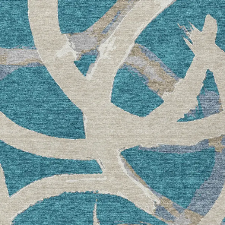 3' X 5' Teal Blue Beige And Gray Abstract Washable Indoor Outdoor Area Rug