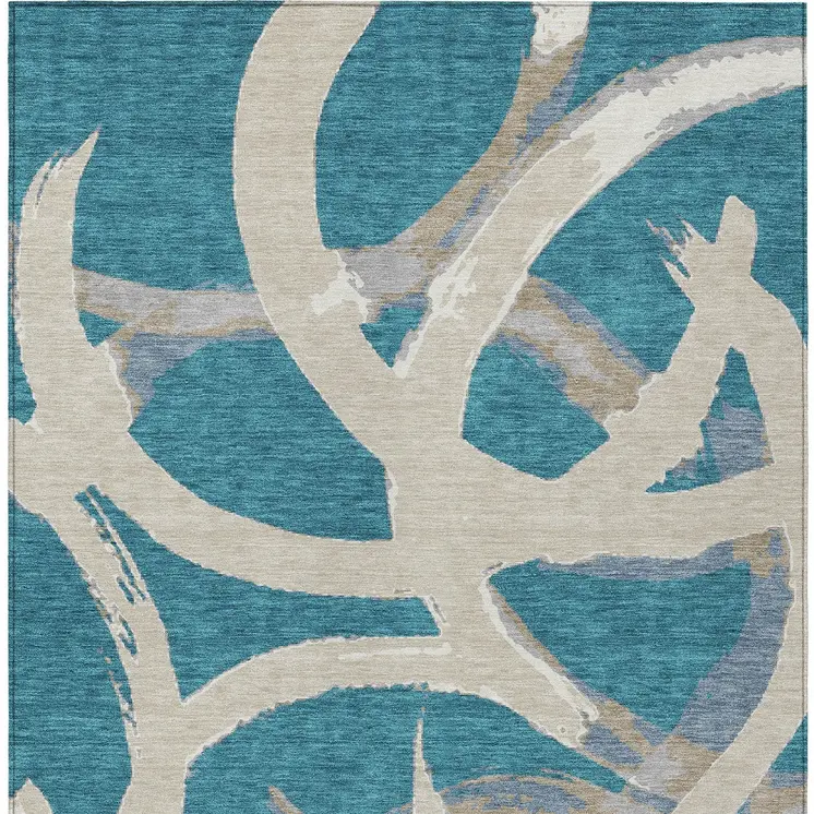 5' X 8' Teal Blue Beige And Gray Abstract Washable Indoor Outdoor Area Rug