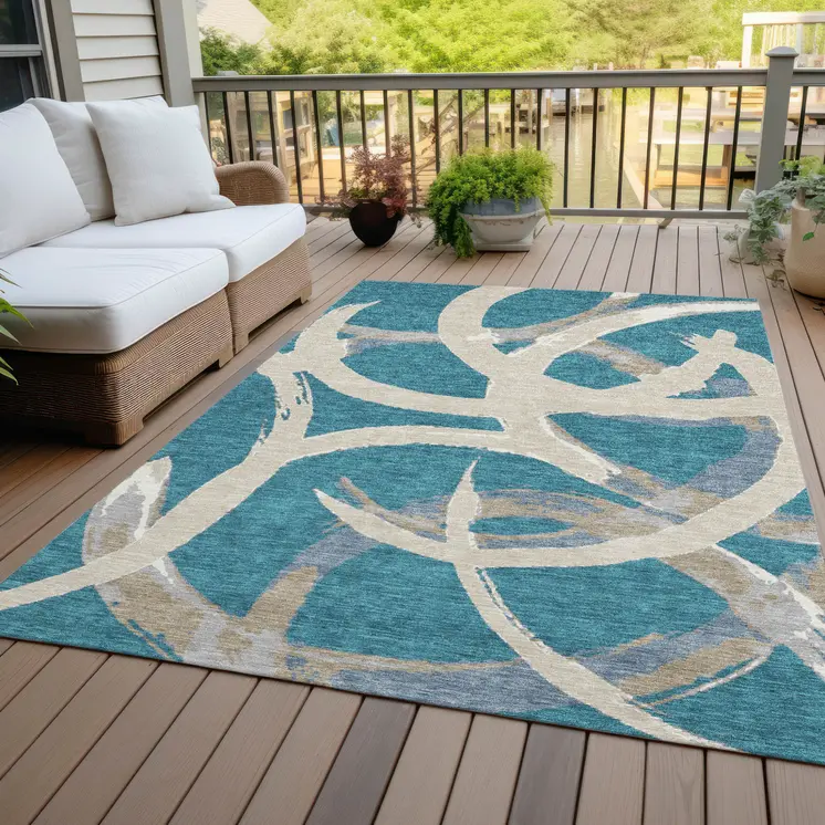 5' X 8' Teal Blue Beige And Gray Abstract Washable Indoor Outdoor Area Rug