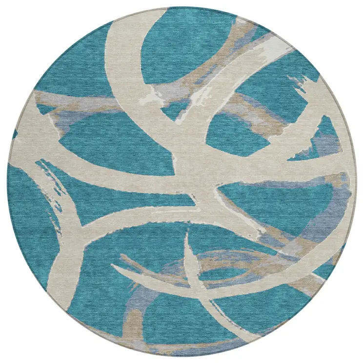 8' Teal Blue Beige And Gray Round Abstract Washable Indoor Outdoor Area Rug