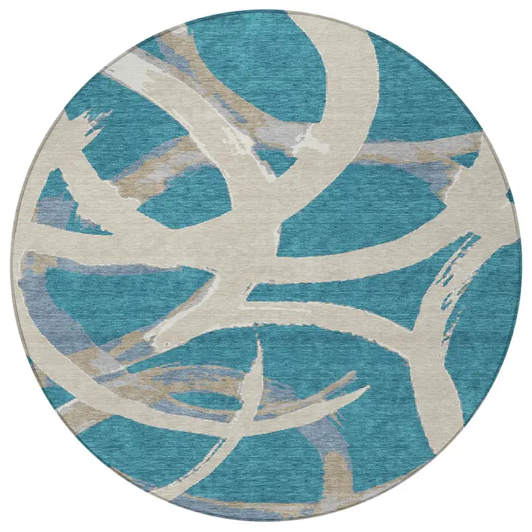 8' Teal Blue Beige And Gray Round Abstract Washable Indoor Outdoor Area Rug