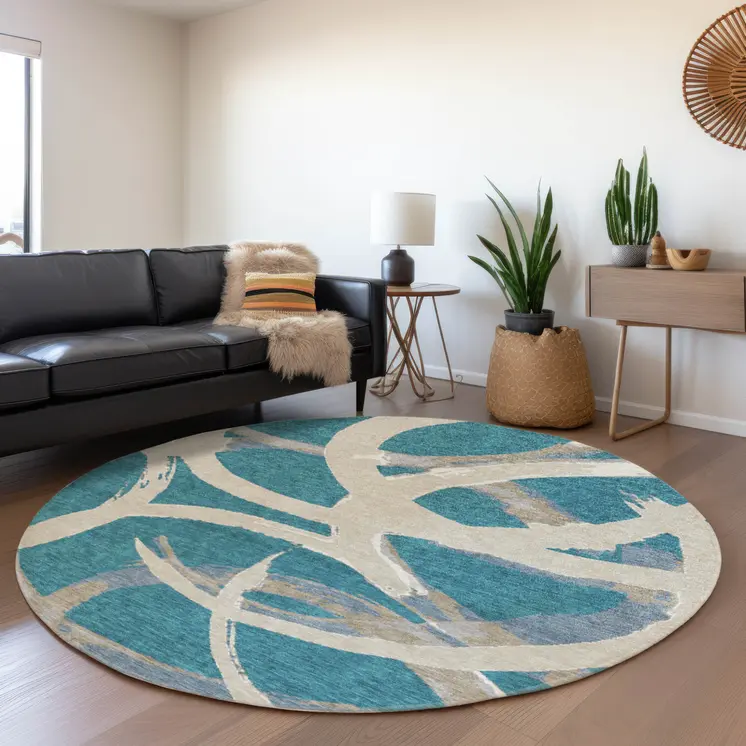 8' Teal Blue Beige And Gray Round Abstract Washable Indoor Outdoor Area Rug