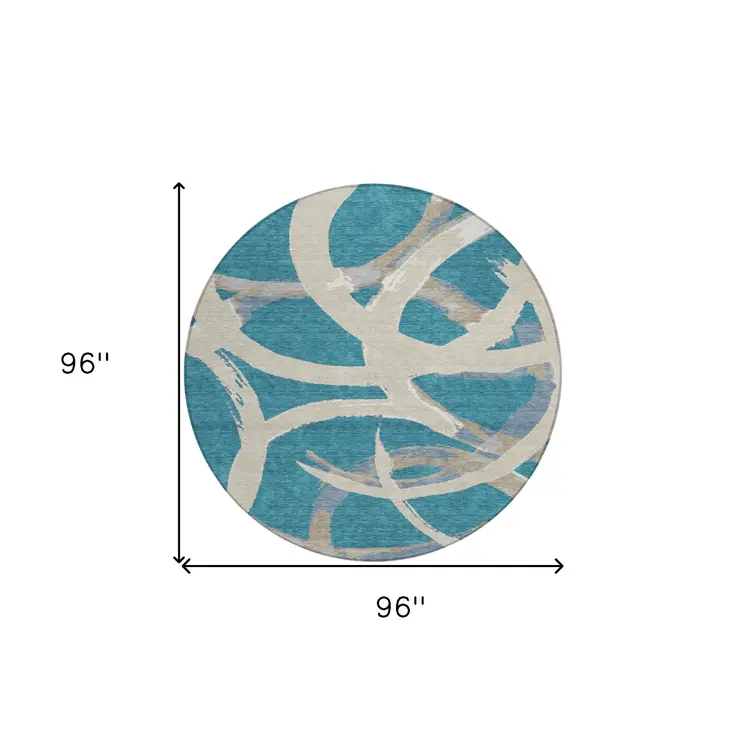 8' Teal Blue Beige And Gray Round Abstract Washable Indoor Outdoor Area Rug