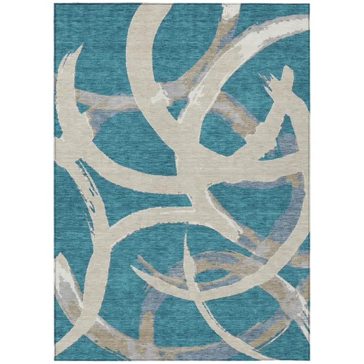 8' X 10' Teal Blue Beige And Gray Abstract Washable Indoor Outdoor Area Rug