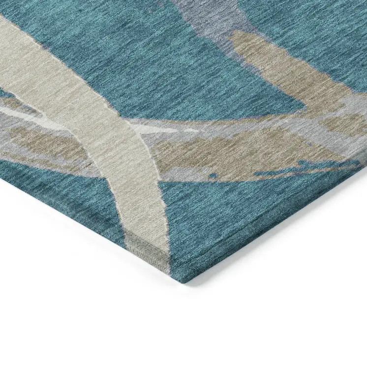 8' X 10' Teal Blue Beige And Gray Abstract Washable Indoor Outdoor Area Rug