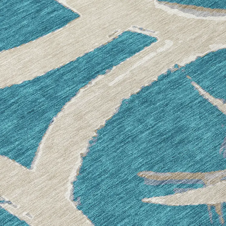 8' X 10' Teal Blue Beige And Gray Abstract Washable Indoor Outdoor Area Rug