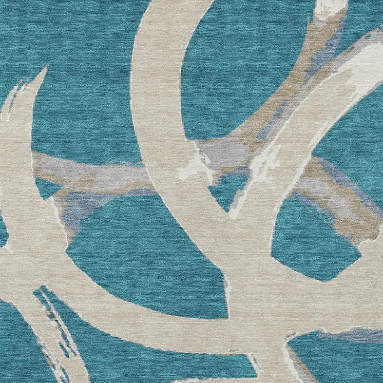 9' X 12' Teal Blue Beige And Gray Abstract Washable Indoor Outdoor Area Rug