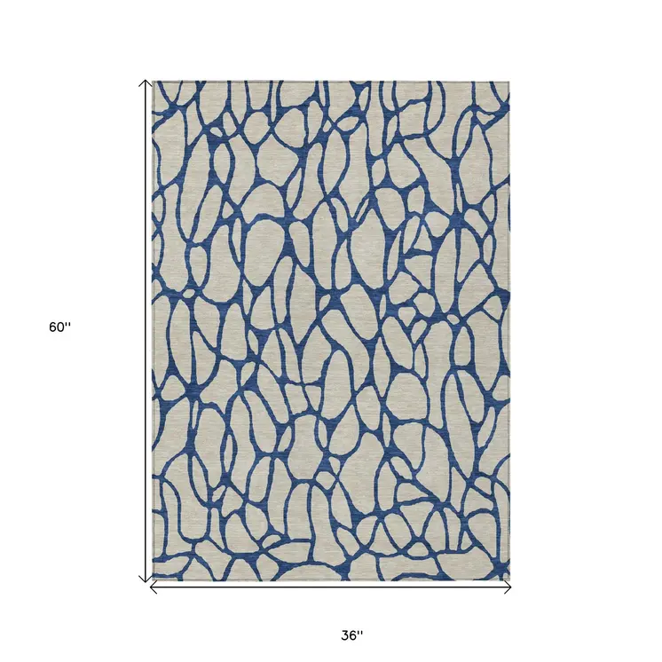 3' X 5' Beige And Blue Geometric Washable Indoor Outdoor Area Rug