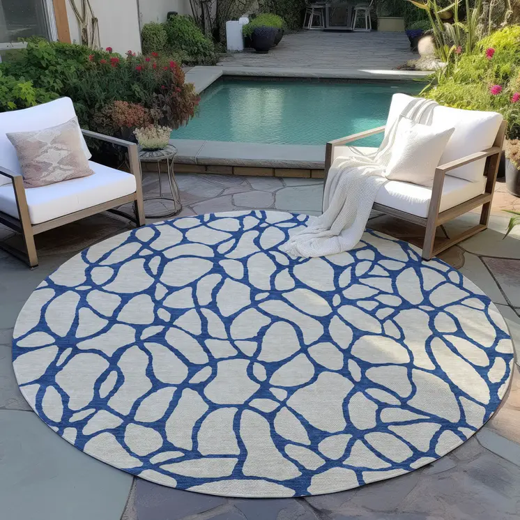8' Beige And Blue Round Geometric Washable Indoor Outdoor Area Rug