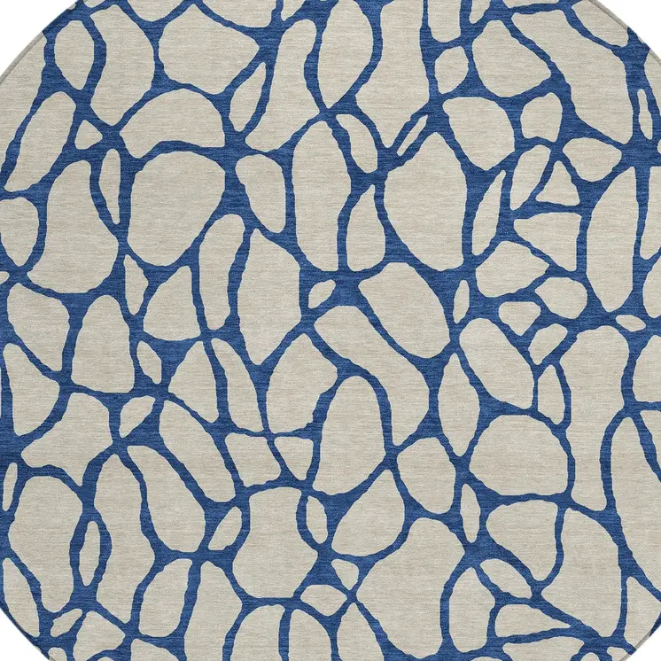 8' Beige And Blue Round Geometric Washable Indoor Outdoor Area Rug