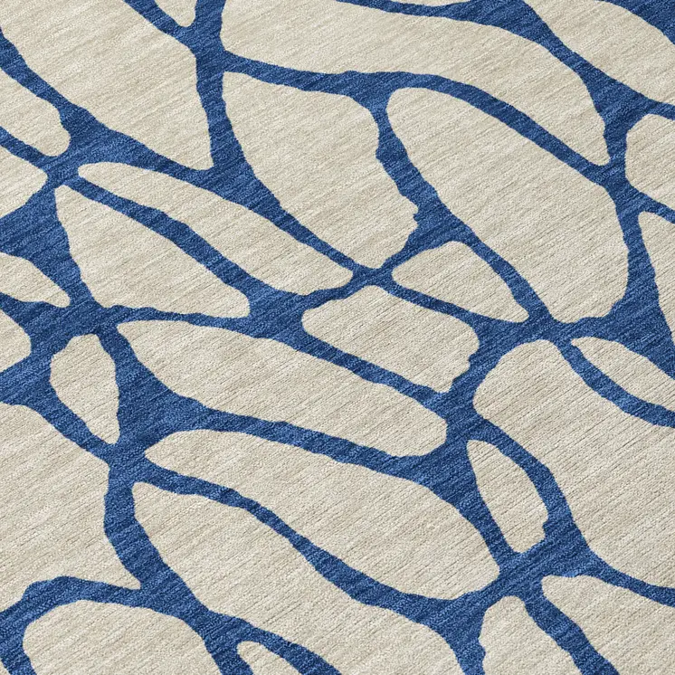 8' Beige And Blue Round Geometric Washable Indoor Outdoor Area Rug