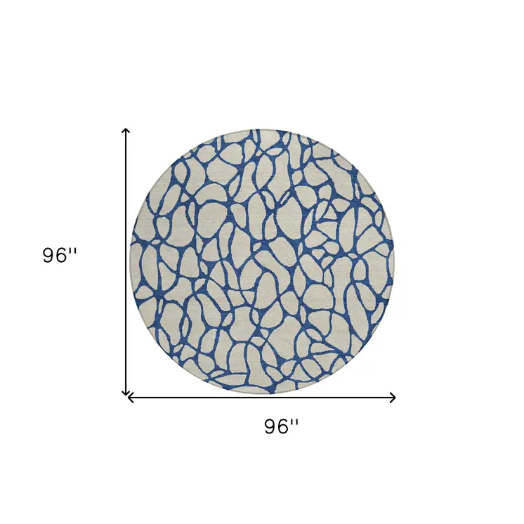 8' Beige And Blue Round Geometric Washable Indoor Outdoor Area Rug