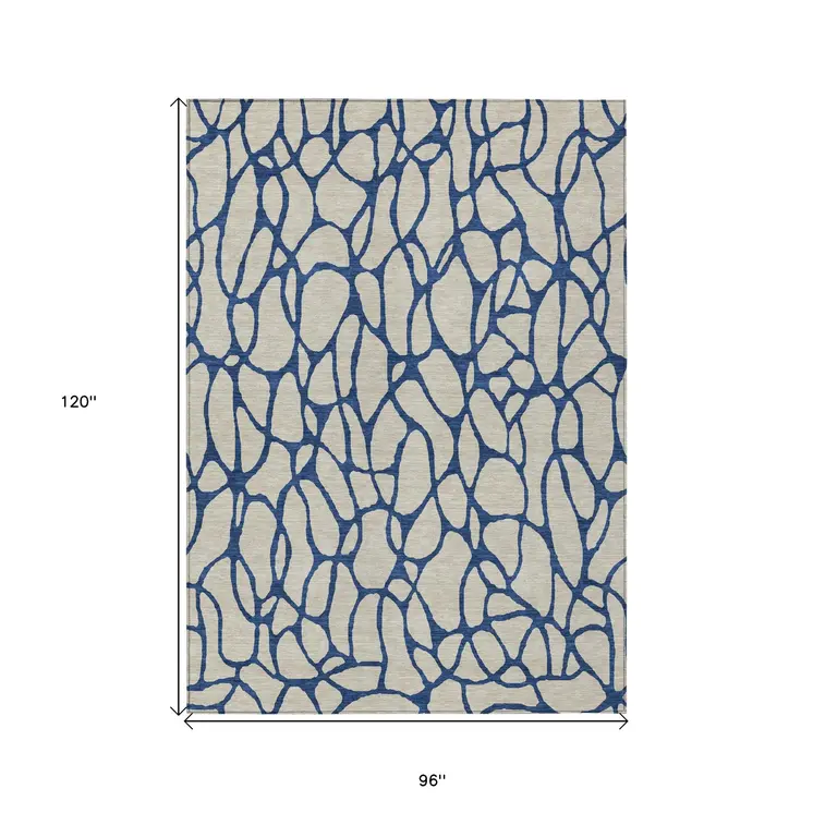 8' X 10' Beige And Blue Geometric Washable Indoor Outdoor Area Rug