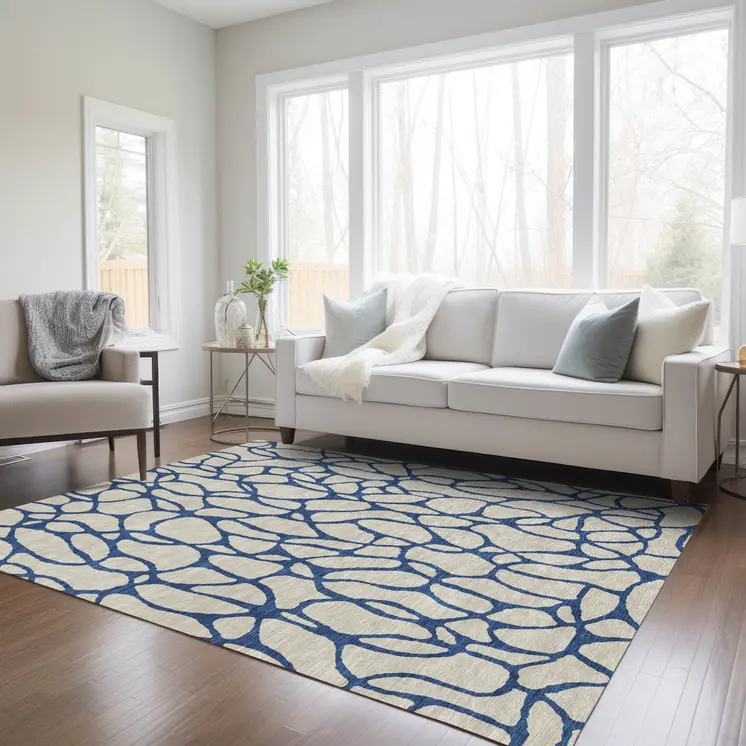 9' X 12' Beige And Blue Geometric Washable Indoor Outdoor Area Rug