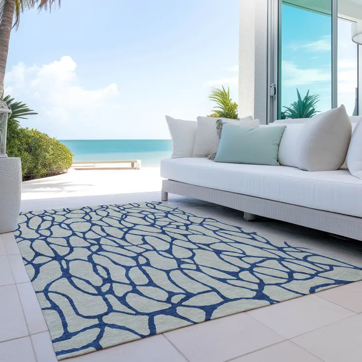 9' X 12' Beige And Blue Geometric Washable Indoor Outdoor Area Rug