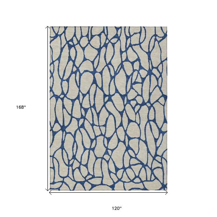 10' X 14' Beige And Blue Geometric Washable Indoor Outdoor Area Rug