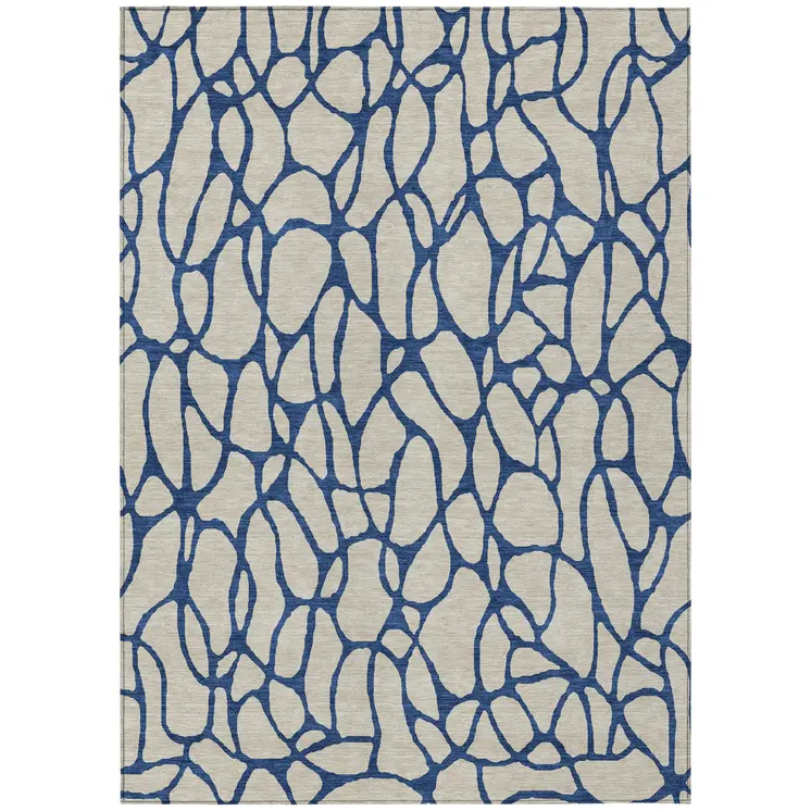 10' X 14' Beige And Blue Geometric Washable Indoor Outdoor Area Rug
