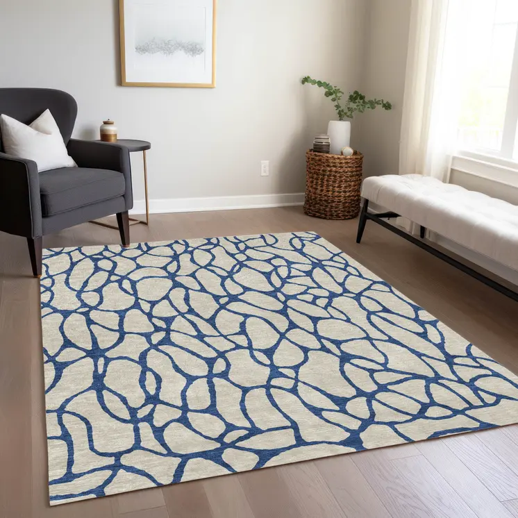 10' X 14' Beige And Blue Geometric Washable Indoor Outdoor Area Rug