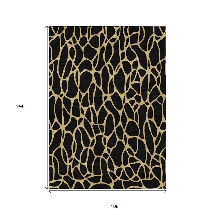 9' X 12' Black And Gold Geometric Washable Indoor Outdoor Area Rug