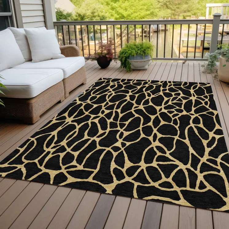 9' X 12' Black And Gold Geometric Washable Indoor Outdoor Area Rug