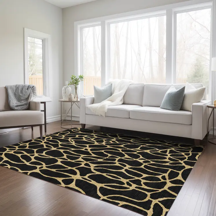 9' X 12' Black And Gold Geometric Washable Indoor Outdoor Area Rug