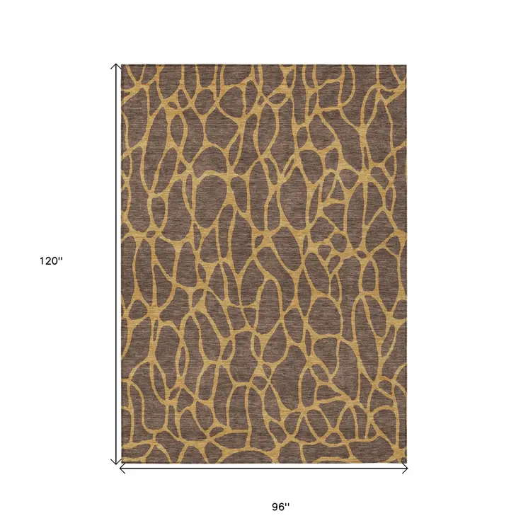 8' X 10' Brown And Gold Geometric Washable Indoor Outdoor Area Rug