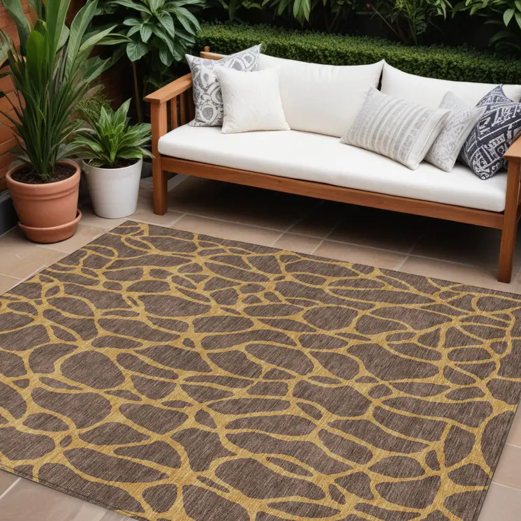 8' X 10' Brown And Gold Geometric Washable Indoor Outdoor Area Rug