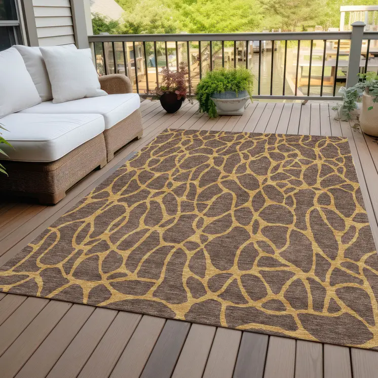 8' X 10' Brown And Gold Geometric Washable Indoor Outdoor Area Rug