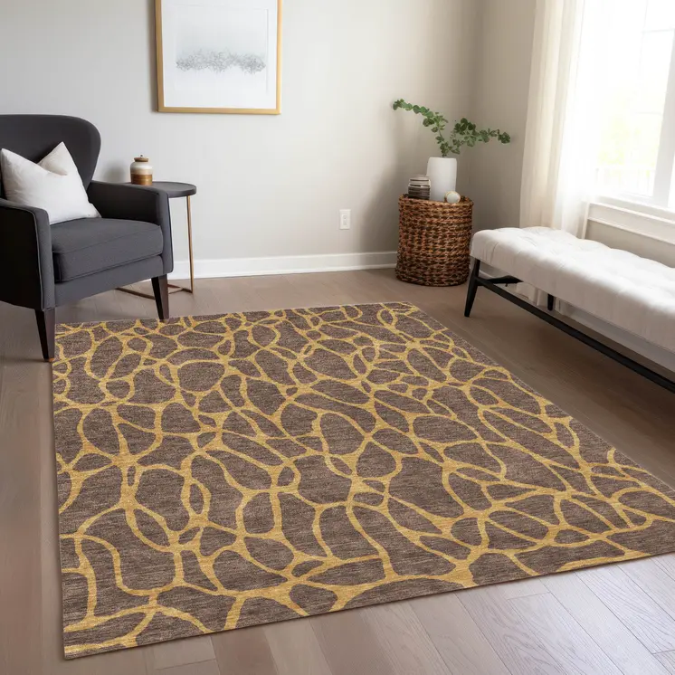 8' X 10' Brown And Gold Geometric Washable Indoor Outdoor Area Rug