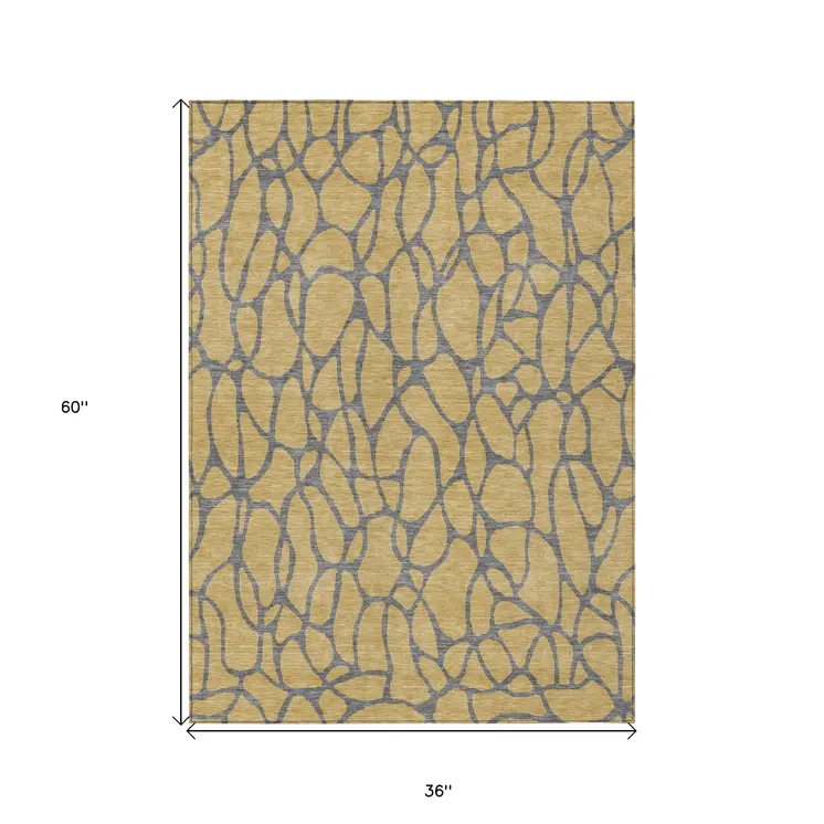 3' X 5' Gold And Gray Geometric Washable Indoor Outdoor Area Rug