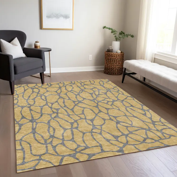 3' X 5' Gold And Gray Geometric Washable Indoor Outdoor Area Rug