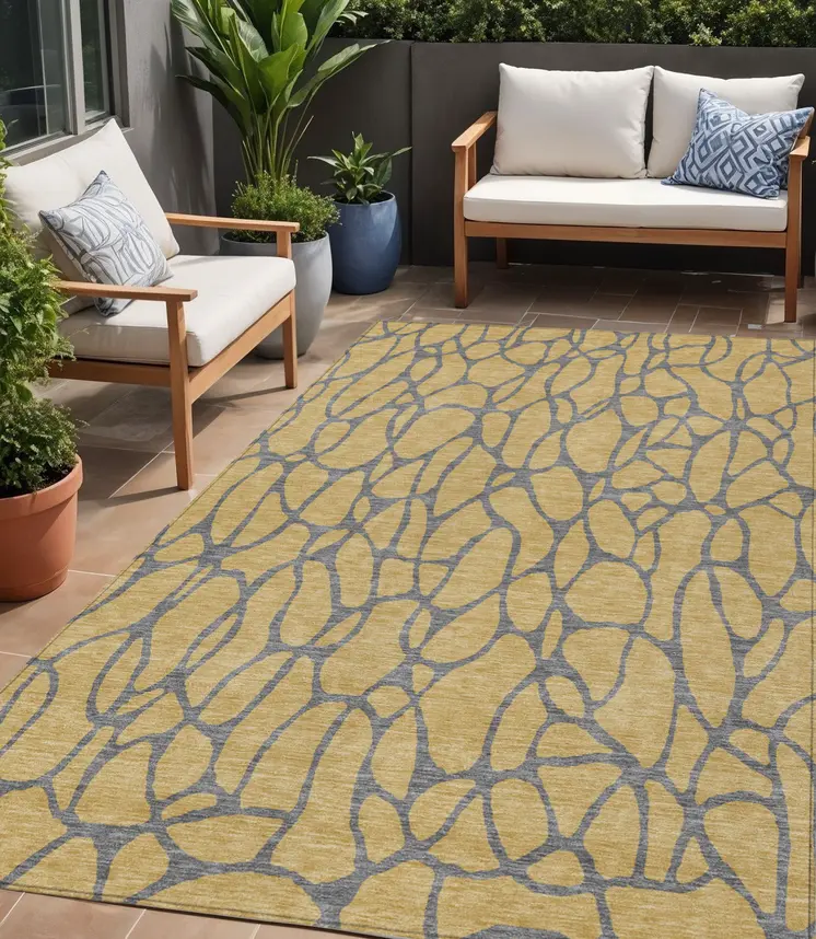 5' X 8' Gold And Gray Geometric Washable Indoor Outdoor Area Rug