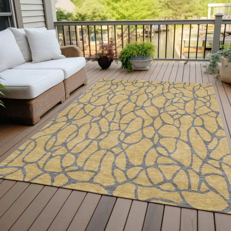 5' X 8' Gold And Gray Geometric Washable Indoor Outdoor Area Rug