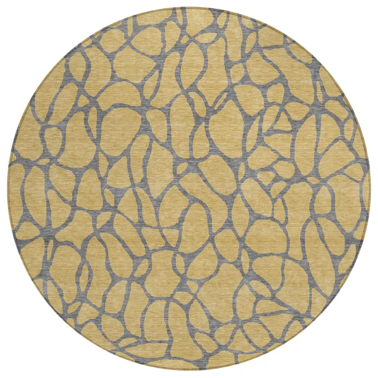 8' Gold And Gray Round Geometric Washable Indoor Outdoor Area Rug