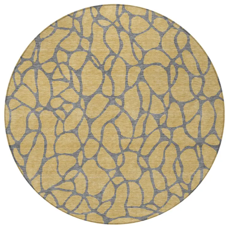 8' Gold And Gray Round Geometric Washable Indoor Outdoor Area Rug