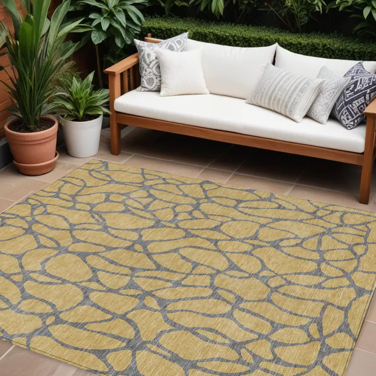 10' X 14' Gold And Gray Geometric Washable Indoor Outdoor Area Rug