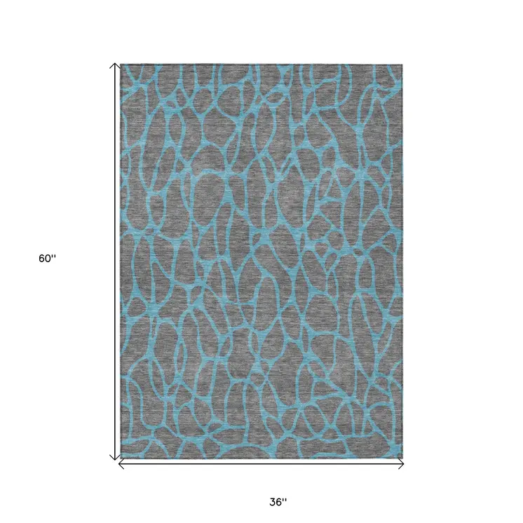 3' X 5' Gray And Teal Blue Geometric Washable Indoor Outdoor Area Rug