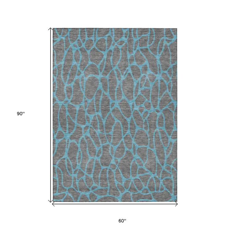 5' X 8' Gray And Teal Blue Geometric Washable Indoor Outdoor Area Rug