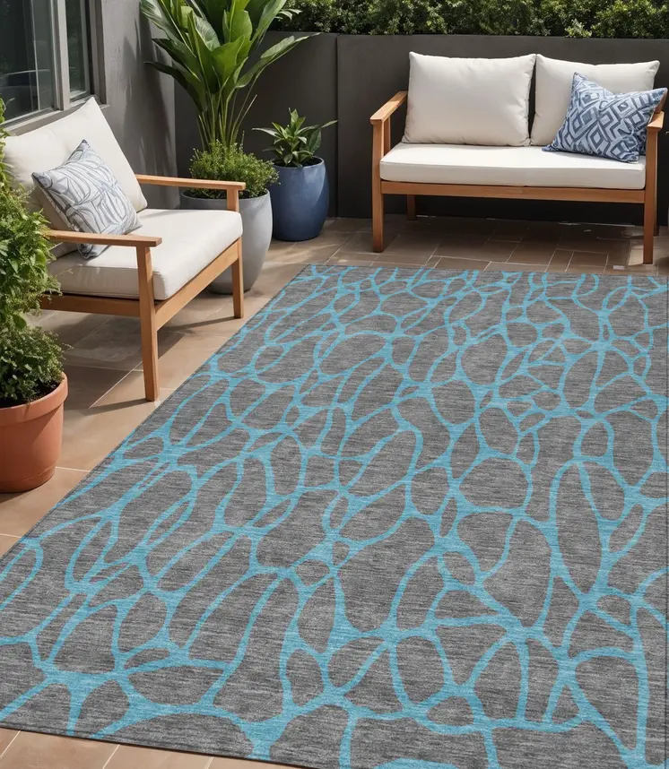 5' X 8' Gray And Teal Blue Geometric Washable Indoor Outdoor Area Rug