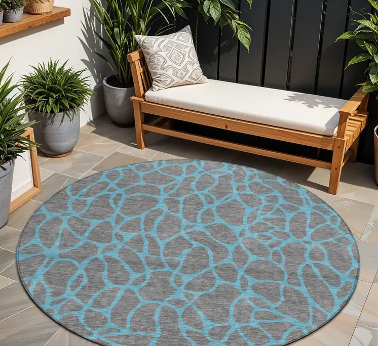 8' Gray And Teal Blue Round Geometric Washable Indoor Outdoor Area Rug