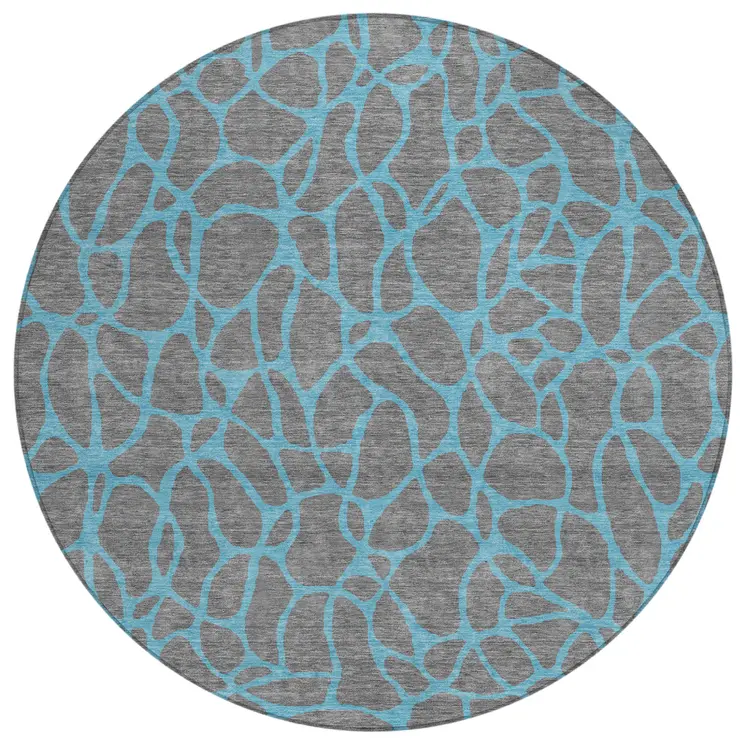 8' Gray And Teal Blue Round Geometric Washable Indoor Outdoor Area Rug