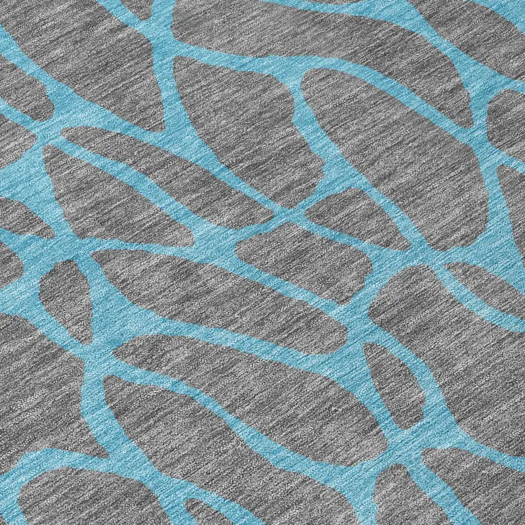 8' Gray And Teal Blue Round Geometric Washable Indoor Outdoor Area Rug