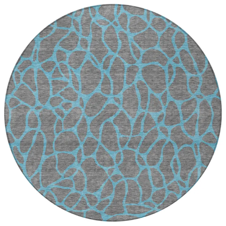 8' Gray And Teal Blue Round Geometric Washable Indoor Outdoor Area Rug