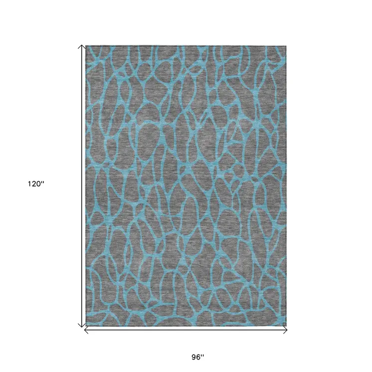 8' X 10' Gray And Teal Blue Geometric Washable Indoor Outdoor Area Rug